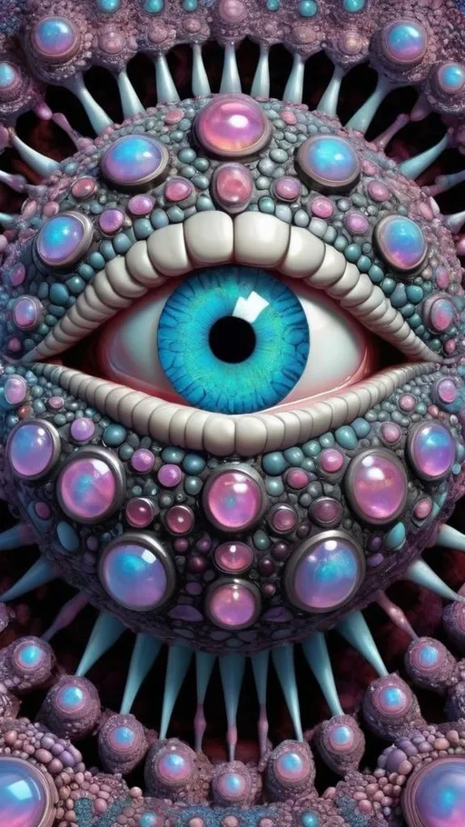 Prompt: Create an extremely hyper-realistic, ultra super textural, weird, trippy, surreal, psychedelic eyes/teeth/mouth pattern/design based on Mandelbrot & “Op Art tiling” with lots of human eyes (crazy colorful compound psychedelic), rows of human teeth, human lips, and tongues. 

- **Colors**: determined by the properties and expressions of the elements (& their isotopes), minerals, and metals: opal, moonstone, amethyst, rose quartz, Platinum (Pt)

**Shapes and forms**
- Mandelbrot 
- "Op Art tiling" 
-other shapes determined by the natural properties and expressions of the elements (& their isotopes), minerals, metals, and biological organisms: opal, moonstone, amethyst, rose quartz,  Platinum (Pt)


- **Textures**: Derived from any/all elements (& their isotopes), minerals, metals, crystals, organic things mentioned in this prompt: opal, moonstone, amethyst, rose quartz, Platinum (Pt)

**Composition and Layout**:
- a pattern/design based on the Op Art tiling & Mandelbrot 

**Lighting**:
- lots of bright light
- Phosphorescence

**Detail and Atmosphere**:
- Extreme hyperrealistic sharp high detail high definition organic and mineral textures
- Psychedelic, weird, odd, surreal atmosphere
- Frozen in time

**Additional Elements**:
- extra rows of teeth, lips, many eyes, Op Art tiling, Mandelbrot 
