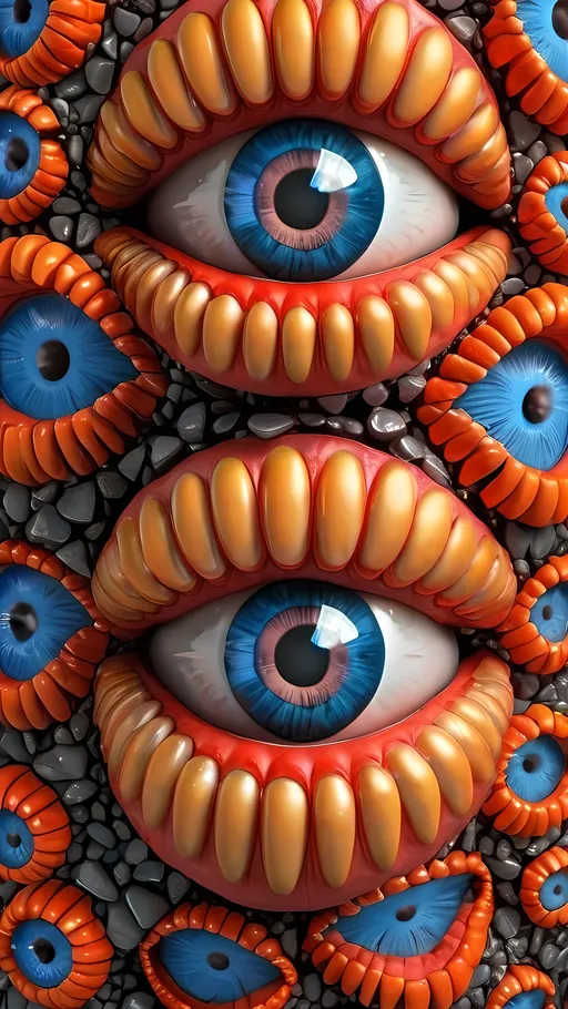 Prompt: Create an extremely hyper-realistic, ultra super textural, weird, trippy, surreal, psychedelic eyes/teeth/mouth pattern/design based on "Fusarium verticillioides", with lots of human eyes (crazy colorful compound psychedelic), rows of human teeth, human lips, and tongues. 

- **Colors**: determined by the properties and expressions of the elements (& their isotopes), minerals, and metals: "Fusarium verticillioides", silicon, hematite

**Shapes and forms**
- "Fusarium verticillioides"
-other shapes determined by the natural properties and expressions of the elements (& their isotopes), minerals, metals, and biological organisms: Cuprite, hematite

- **Textures**: Derived from any/all elements (& their isotopes), minerals, metals, crystals, organic things mentioned in this prompt:"Fusarium verticillioides", hematite

**Composition and Layout**:
- a pattern/design based on "Fusarium verticillioides"

**Lighting**:
- Lots of bright light
- zoomed out

**Detail and Atmosphere**:
- Extreme hyperrealistic sharp high detail high definition organic and mineral textures
- Psychedelic, weird, odd, surreal atmosphere
- Frozen in time

**Additional Elements**:
- "Fusarium verticillioides", extra rows of teeth, lips, many eyes

