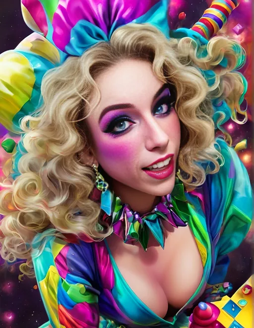 Prompt: Psychedelic hyperrealism of a female cosmic jester, long blond curly hair, vibrant psychedelic jester hat and attire and makeup, hallucinations, psilocybin, merry prankster of multidimensional geometry, tesseracts, hypercubes, trippy, highres, hyperrealism, cosmic, vibrant colors, hallucinatory, detailed makeup and attire, multidimensional, psychedelic