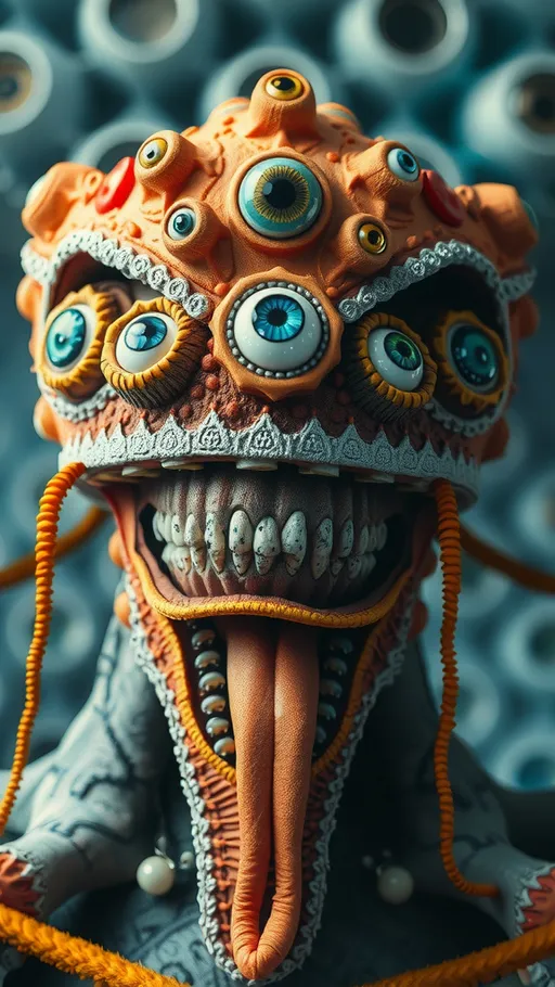 Prompt: Create an extremely hyper-realistic, ultra super textural, weird, trippy, surreal, psychedelic eyes/teeth/mouth creature/entity based on “metatron’s cube” with lots of human eyes (crazy colorful compound psychedelic), rows of human teeth, human lips, and tongues. 

- **Colors**: determined by the properties and expressions of the elements (& their isotopes), minerals, and metals: Nickel (Ni), Aventurine, Chrysoberyl

**Shapes and forms**
- “Metatron's Cube”
-other shapes determined by the natural properties and expressions of the elements (& their isotopes), minerals, metals, and biological organisms: diatoms, Nickel (Ni), Aventurine, Chrysoberyl


- **Textures**: Derived from any/all elements (& their isotopes), minerals, metals, crystals, organic things mentioned in this prompt: “Metatron's Cube” Nickel (Ni), Aventurine, Chrysoberyl

**Composition and Layout**:
- a pattern/design based on the “Metatron's Cube”

**Lighting**lots and lots of bright shining reflective light
- Trichroism


**Detail and Atmosphere**:
- Extreme hyperrealistic sharp high detail high definition organic and mineral textures
- Psychedelic, weird, odd, surreal atmosphere
- Frozen in time

**Additional Elements**:
- extra rows of teeth, lips, many eyes, diatoms, “Metatron's Cube” , Aventurescence, Chatoyancy
