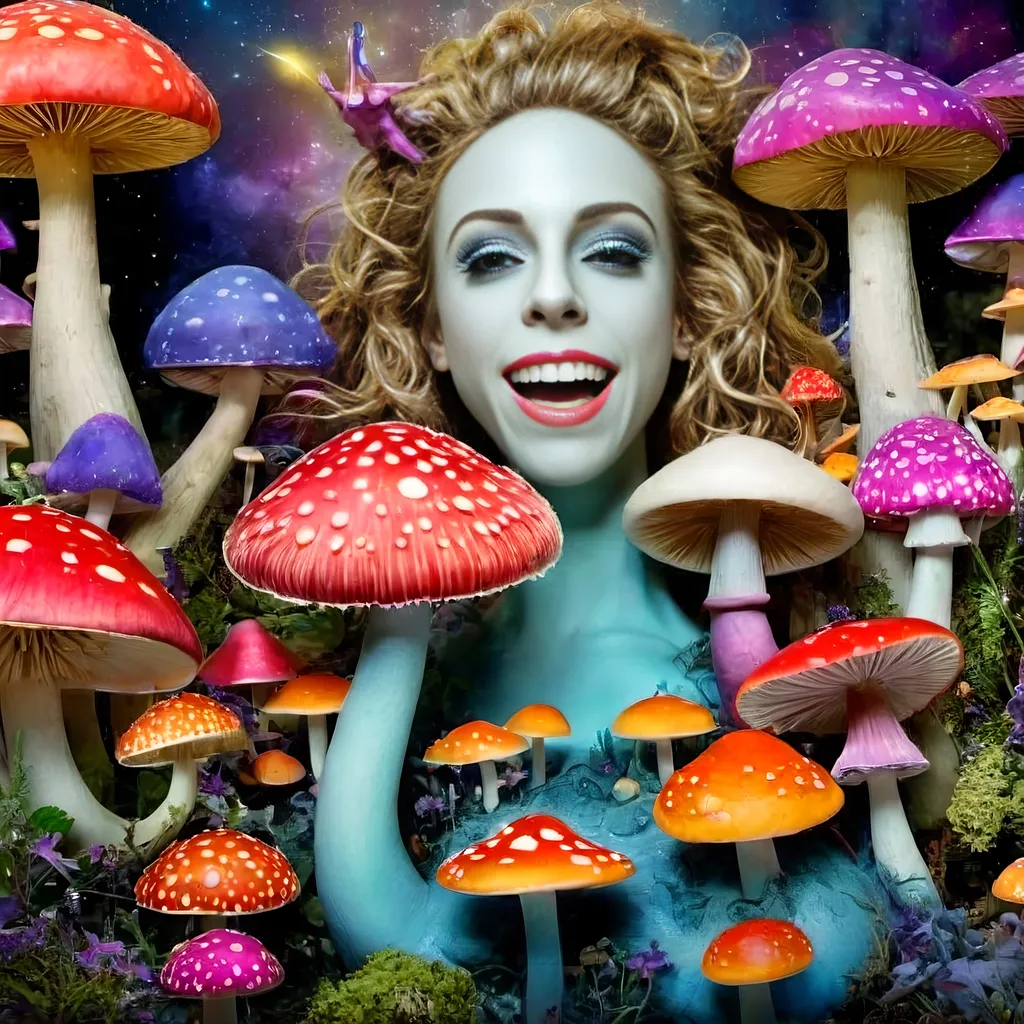 Prompt: Surreal mushroom dreamland, glowing mushrooms, vivid colors, magical atmosphere, whimsical, intricate details, high quality, dreamlike, surreal, fantasy, dreamy lighting, bizarre fungi, fantasy landscape, intricate designs