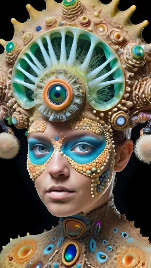 Prompt: Extremely hyperrealistic ultra textural trippy surreal beautiful but odd unsettling psychedelic creature- a psychedelic diatomaceous creature entity queen crown jewelry cape with lots of crazy psychedelic human compound eyes, rows upon rows of human teeth.  head, face, body, limbs, fungus, Mandelbrot, oil slick rainbow sheen effect, holographic, hologram, translucent, vivid colors white, tons and tons of light, bright pastel colors, Gyroid Structures. Diatoms: bacillariophyta, siliceous, valves, girdle bands, raphe, striae, puncta, areolae, costae, rimoportula, fultoportula, chloroplasts, auxospore, epitheca, hypotheca, mucilage, frustule symmetry, valve morphology, pennate diatoms, centric diatoms, motile, non-motile, biofilm, epiphytic, epilithic, epipsammic, biogenic silica, diatomaceous earth, primary producers, carbon fixation, biogeochemical cycles, diatom blooms, paleoecology, nanostructures, microalgae, environmental indicators, aquatic ecosystems. geometric, symmetrical, radial, bilateral, elongated, circular, triangular, oval, star-shaped, pennate, centric, intricate, lattice-like, perforated, silica, frustules, ornate, microscopic, diverse, varied, delicate, transparent, golden-brown, pillbox-shaped, chain-forming, solitary, colonial, planktonic, benthic,