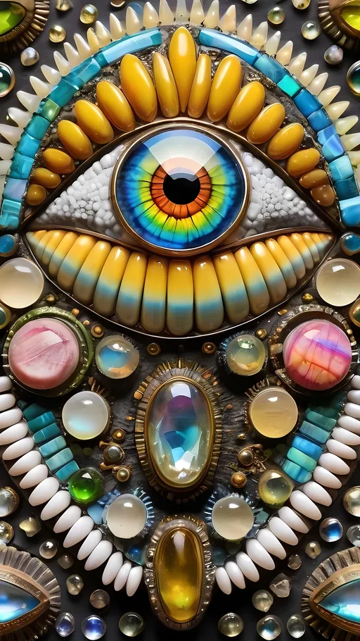 Prompt: an extremely hyper realistic ultra super textural weird trippy surreal psychedelic entity,, translucent, white quartz, blown glass, iridescent finish, inlaid opal, glittering crystal accents, bright yellow "aztec gold", pyrite, quartz,, flourite, apatite, bright vivid pinks, greens, yellows,blues,  lots and lots of light, lots of crazy colorful compound psychedelic human eyes, rows of human teeth, human lips, tongues, fungus,  atoms, diatoms, diatomic, algae, bryozoans, “Circular Polarization”, extreme high definition organic and mineral textures