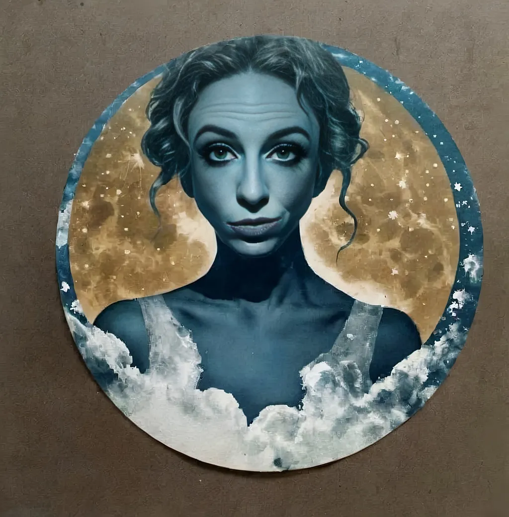 Prompt: Vintage Cyanotype print of a girl on the moon, detailed silhouette, vintage artistic style, cool tones, subtle moonlight, high quality, cyanotype print, vintage, detailed silhouette, moon, girl, subtle lighting, cool tones