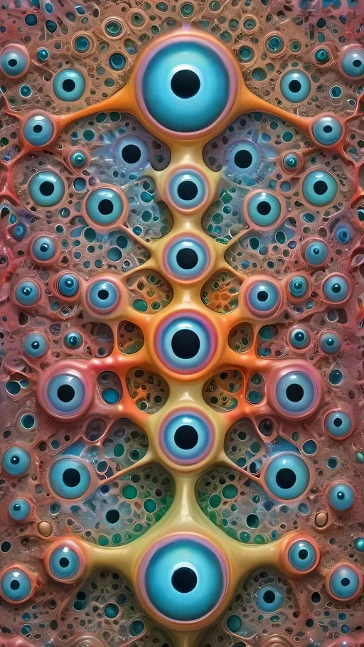 Prompt: an extremely hyper realistic ultra super textural weird trippy surreal psychedelic entity, Newton Fractals, apollonian gaskets, catenoids, white, translucent, clear, bright bright feminine pastel colors, oil slick rainbow sheen effect, lots and lots of light, lots of crazy colorful compound psychedelic human eyes, rows of human teeth, fungus, radiolarians, foraminifera,  atoms, diatoms, enneper sufaces, apollonian gaskets, Newton Fractals, 