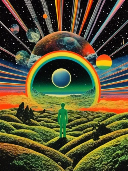 Prompt: <mymodel> Vintage 70s psychedelic surreal sci-fi Collage, analog, cut & paste, outer space, rainbows, spectrum, optical illusions/trippy patterns, surreal alien landscapes, UFOs, « little green men », psilocybin mushrooms, geometric shapes , planets, orbs, black night sky with stars, in the center, cats, 