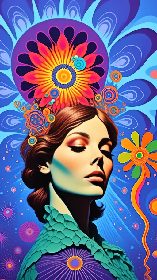 Prompt: <mymodel>Psychedelic, 70s, poster art illustration, illustration, hippy, 60s, trippy, Psychedelic psilocybin hallucination, fractals blooming like geometric flowers, melting wood grain and textures dancing in a fractal whirl, ineffable motion, breathing everyday objects, unreal colors, highres, detailed, surreal, psychedelic, vibrant colors, fractal patterns, melting textures, hallucinatory, abstract, surreal lighting 