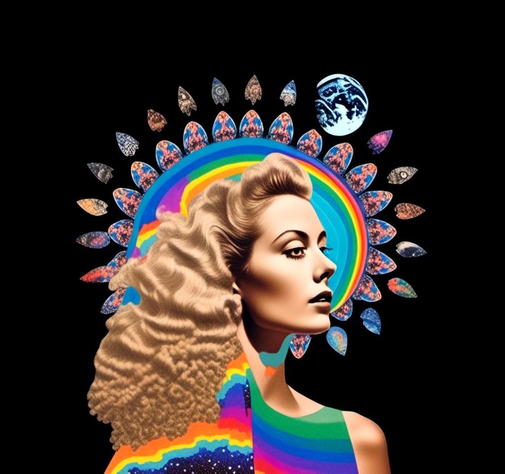 Prompt: A psychedelic collage featuring a photograph of a woman with blond curly long hair. The photo is cut and spliced with other photos and drawings of aliens, UFOs, rainbow spectrums are erupting from places, planets, stars, landscapes, and sparkles set amidst optical illusions of all kinds in geometric shapes giving an otherworldly surreal bizarre ufo alien effect to this psychedelic collage <mymodel>