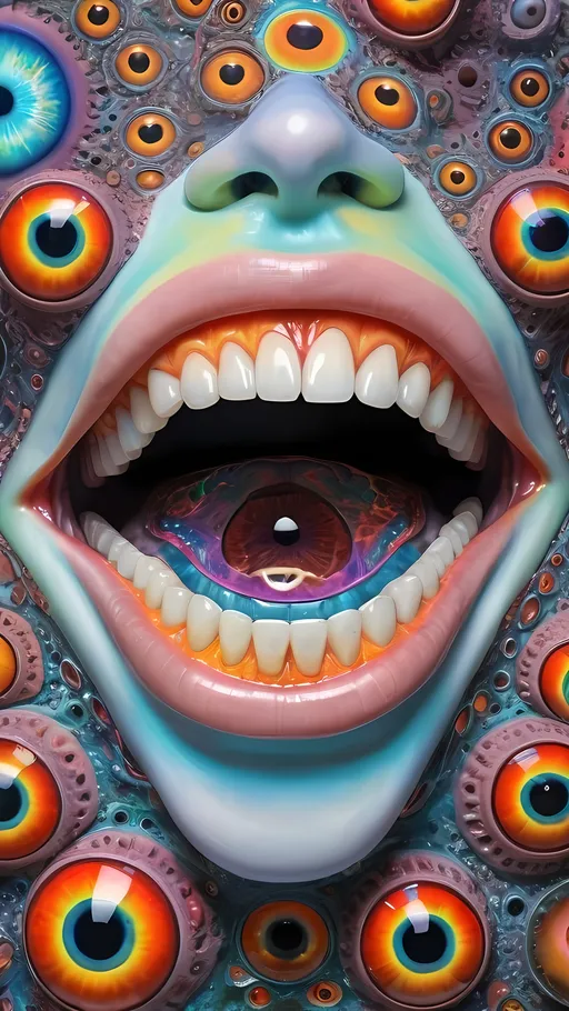 Prompt: an extremely hyper realistic ultra super textural weird trippy surreal psychedelic entity, enneper sufaces, apollonian gaskets, catenoids, white, translucent, clear, bright bright pastel colors, oil slick rainbow sheen effect, lots and lots of light, lots of crazy colorful compound psychedelic human eyes, rows of human teeth, fungus, atoms, diatoms, enneper sufaces, apollonian gaskets, catenoids, 