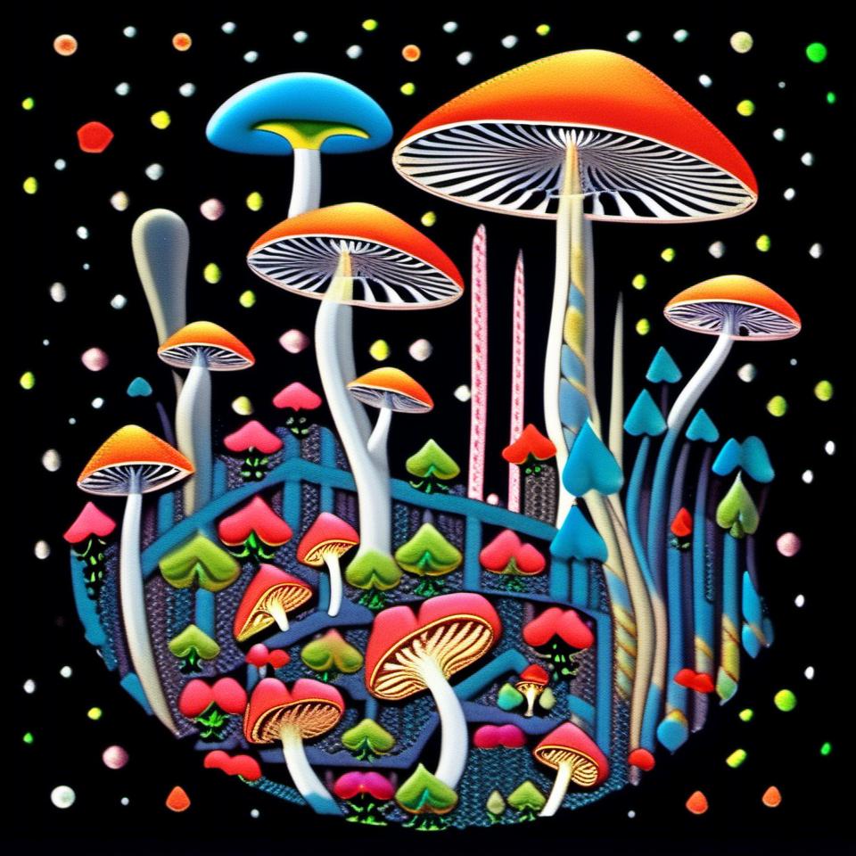Prompt: a surreal trippy psychedelic  mixed media collage evoking the feel of vintage trippy surreal multimedia collages. It will feature mushrooms/fungus, psychedelic eyes, etc & be set amongst trippy psychedelic patterns/optical illusions,, geometric shapes and will include mediums such as photography, printmaking, painting, illustration, paper cutting, paper folding, glitter, silver foil/enamel, rhinestones, sequins, thread/string and anything else<mymodel>