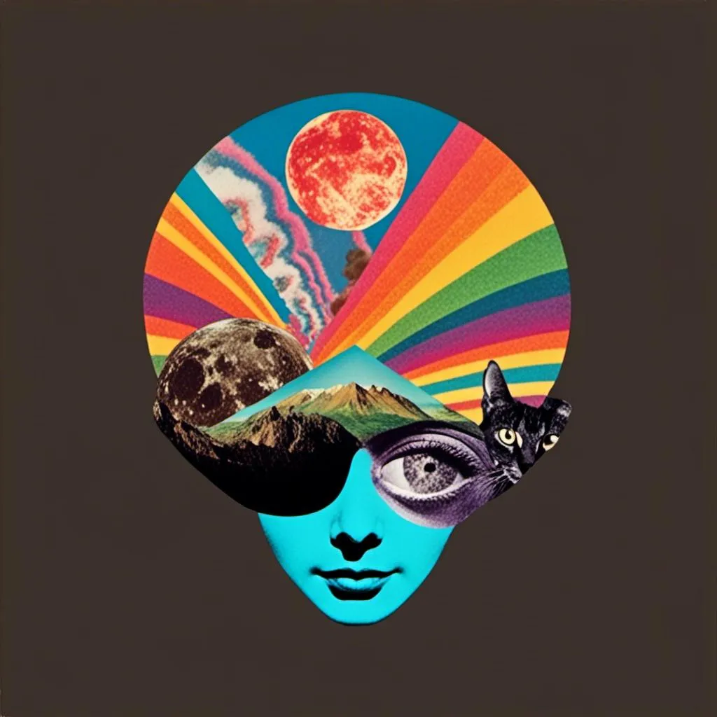 Prompt: <mymodel>Vintage 70s psychedelic surreal sci-fi. Surreal psychedelic Collage Featuring trippy psychedelic patterns/optical illusions in geometric shapes/arrangements/interspliced with images of cats, and rainbow spectrums, spliced with images of surreal/alien/mountainous landscapes, planets and moons and asteroids, mushrooms, all cut up and mixed together to create a cool trippy vintage sci-fi psychedelic collage