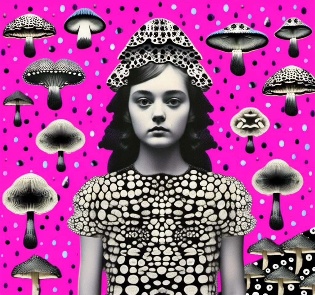 Prompt: a mixed media collage of a girl wearing or growing mushrooms/fungus as clothing body parts and accessories. She is a black and white or halftone photograph, the mushrooms and fungal growths are to be mixed media, including but not limited to paint, enamel, foils, glitter, sparkle, sequins, found objects, natural items, rhinestones etc <mymodel>