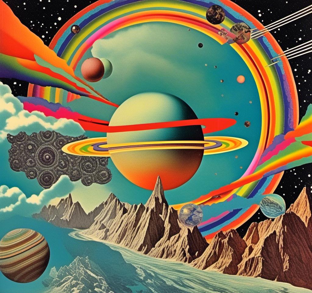 Prompt: A vintage 70s psychedelic collage with the theme “astral vacation”- incorporate themes of astral projection, the astral plane, the silver cord, use an astral brilliantly but sometimes muted opalescent color palette, & combine it all with planets, orbs, optical illusions and psychedelic trippy patterns, color spectrums as a surreal vintage psychedelic collage<mymodel>