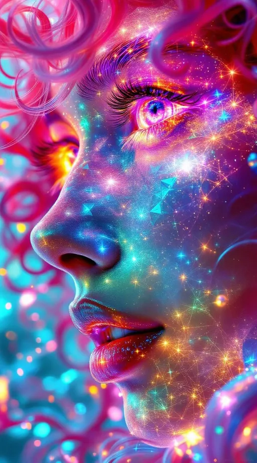 Prompt: Her face is a modular masterpiece—cheekbones traced with the shimmer of moonshine symmetry, every angle tuned to a hidden harmonic. Newton fractal veins glow faintly beneath translucent skin, shifting in color with each emotion. Her eyes burn with prime number fire, irises tiled in Penrose symmetry, blinking with curved light logic. Laughter echoes in Hilbert paths across her cheeks—space-filling joy spirals, soft and bright. Hair spills around her in radiant pink curls, styled by quasiperiodic forces and recursive wave equations—each strand flowing in luminous fractal tension. Geometry pulses at the hairline, recursive symbols glinting in neon mathdust. She is wrapped in hyperbolic aura-rings, layered in color-feedback like living topology, her presence refracting sacred math through joy, emotion, and colorfields.”

⸻

Visual Keywords:
Modular face symmetry, Newton glow skin, Penrose-tiled irises, Hilbert smile trails, pink recursive curls, fractal symbol halo, hyperbolic color aura, neon mathdust, prime fire eyes