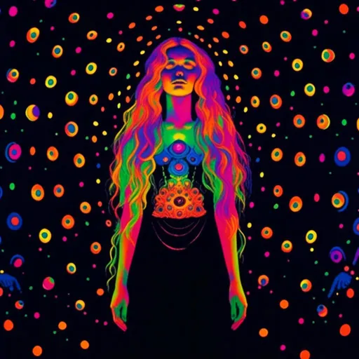 Prompt: <mymodel>Vintage 70s black light poster art illustration of a beautiful female DMT entity, long blond curly hair, otherworldly ineffable beauty, DMT waiting room, astral being, psychedelic hallucinations, vibrant colors, detailed astral features, retro artistic style, intense and vivid colors, mesmerizing aura, surreal vibes, flowing hair, radiant chakras, psychedelic realm, best quality, vibrant, retro, surreal, intense colors, detailed astral features, mesmerizing beauty, vintage, black light poster, effervescent lighting