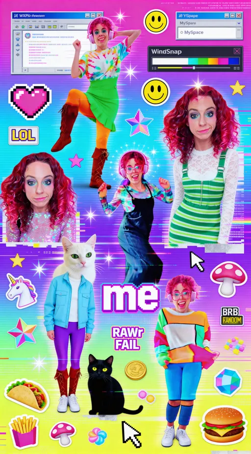 Prompt: Chaotic but subject-forward Y2K-inspired digital collage built from all provided reference images, with the repeated “me” figures as the clear focal points. The composition centers and frames the me’s prominently, layered at multiple scales and poses, while the surrounding elements act as playful background clutter—not obscuring faces or bodies.
Hyper-saturated early-internet color palette (hot pink, electric blue, acid green, cyber purple, highlighter yellow), with controlled pixelation, JPEG artifacts, scanlines, CRT glow, glitter gradients, lens flares, and sparkly starbursts that enhance rather than overwhelm the subjects. The me’s remain crisp, bright, and visually dominant against the chaos.
Background and midground packed with selective Y2K kitsch: pixel hearts, smiley faces, low-poly stars, unicorn stickers, candy, mushrooms, game HUD fragments, coins, power-ups, cursors, and floating geometric shapes (grids, zigzags, wireframes). Food elements (tacos, cheeseburgers, fries) appear sparingly as sticker-like accents, not walls of noise.
Scattered UI debris—WinXP / dial-up windows, Winamp skins, MySpace-style chat bubbles, loading bars, pop-ups—kept smaller and pushed behind or around the me’s. Text fragments mix real 2000s slang (LOL, OMG, BRB, RAWr XD, SO RANDOM, EPIC FAIL) with light pixel gibberish, used as visual texture rather than dominant text blocks.
Intentional visual noise remains present but controlled: light datamosh streaks, chromatic aberration, RGB splits, cut-and-paste collage edges, frozen GIF motion blur. Mix of 2D stickers and glossy faux-3D icons. No empty space, but clear visual hierarchy.
Overall vibe: joyful Y2K internet chaos with the me’s as the star—playful, loud, nostalgic, sparkly, and legible. A MySpace profile and early Flash site colliding, but with the subject always winning.