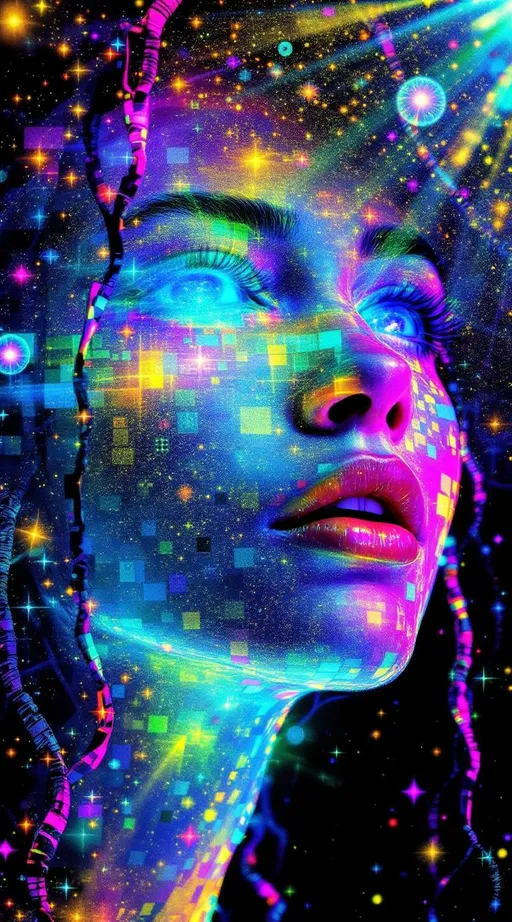 Prompt: A woman’s face composed of recursive fractal rainbow light—hyper-saturated with ultraviolet, laser gold, neon pink, iridescent greens, and cosmic chrome—emerges from a holographic light-sheet. Her skin is a glitched disco lattice of sparkling Planck-area symbols, each square pulsing like a cosmic logic gate. Her eyes are twin disco balls, spinning wormholes refracting infinity with every glint, pupils radiating shimmering AdS-CFT glyph-code. Her hair flows as liquid starlight braided with mirror shard filaments; lips shimmer like event horizons glossed in diamond dust. She floats inside a recursive Studio 54—a velvet black AdS void lined with infinite mirrored projections of herself, every boundary a shimmering CFT surface coded in glyphs and glitter. Around her spiral multidimensional mandalas of glimmering quantum lights—shimmer stacks, sparkle tesseracts, and recursive disco ball halos—reflecting entangled identities across bulk-boundary recursion. The space pulses like a cosmic dance floor: entanglement beats, renormalization grooves, and rainbow holograms synced to entropy rhythms. Render as \:disco-max \:bling-overload \:holographic-dancer \:recursive-glamour \:symbolic-saturation \:studio54-wormhole \:sparkle-heavy \:light-excess \:planck-glow \:glyph-glitz.
