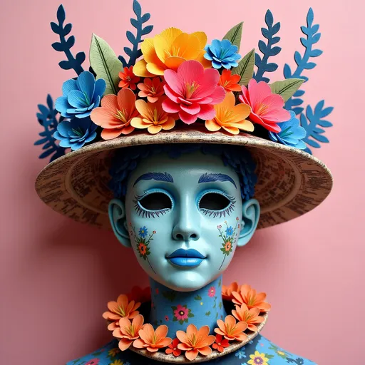 Prompt: To create a mask design featuring floral and botanical hats, collars, and accessories with a psychedelic twist, all made from mixed media paper techniques, here's a detailed AI art prompt:

"Design a mask showcasing floral and botanical hats, collars, and accessories with a psychedelic twist. The entire composition should be crafted from mixed media paper techniques, including folded paper, origami, handmade paper, paper forms, cut paper, and quilling. Incorporate elements like sequins, beads, metallic foils, and glitters to add texture and shine. Use newspaper as a base material to add an eclectic touch. The floral and botanical elements should be vibrant and surreal, with exaggerated colors and whimsical patterns typical of a psychedelic style. The accessories should be intricately detailed, with a harmonious blend of textures and forms, creating a visually captivating and imaginative piece. The background should be a solid color to highlight the mask's elaborate details."