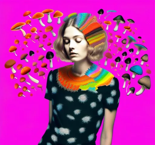 Prompt: A mixed media collage of a black and white photograph of a young woman growing all kinds of colorful multimedia psychedelic mushrooms and fungus out of her body (incorporate things like- but are not limited to - vibrant paints, enamels, glitters, metallic foils, newspaper and magazine cut paper, paint spatter, etc)<mymodel>