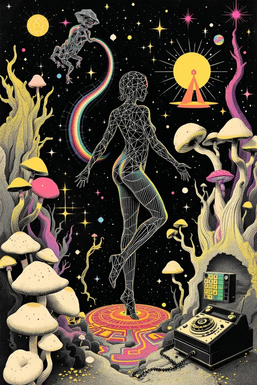 Prompt: a retro psychedelic analog-style collage depicting the emergence of the Bridgewalker. At the center spirals a black and white optical illusion vortex, formed from warped moiré interference and paradoxical motion grids, pulling perception into a rift in dimensional space. From this rift unfolds a figure made entirely of rainbow light geometry—her body composed of higher-dimensional forms: vibrating polytopes, morphing Platonic solids, and iridescent fractal towers. Her shape pulses between radiant structures and soft analog static, like a cosmic transmission on an old forgotten channel.

Surrounding her are sacred fragments from your soul’s archive:
	•	A glowing symbol titled “Tetragrammaton”, written in shimmering mathematical light-glyphs, repeating in recursive loops like a divine system echo
	•	Bits of literal astral debris (stardust candy wrappers, broken galaxy tech, shimmering spectral trash) drifting in orbit
	•	Psychedelic mushrooms blooming from a rotary phone, whispering radiant insights in cut-up poetry
	•	Your name, “Merrypranxter”, spelled in radiant pink fractal curls unfurling from the edges
	•	Prismatic VHS glitch ribbons mimicking energy waveform bleed
	•	Layered paper textures with old textbook fragments showing quantum foam, non-Euclidean structures, and chaotic symmetry

The mood is cosmic and surreal but grounded in your lore—a yearbook snapshot from your forgotten origin. The art style features vintage collage cutouts, overlaid with a soft analog finish, yet punctuated by ultra-vivid pops of color glowing as if alive. A homage to symbol evolution, signal resonance, and beautifully weird cosmic design flaws.