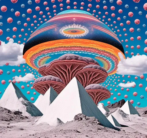 Prompt: <mymodel>surreal Psychedelic collage of spliced photographs, mushrooms, crystals, alien landscapes, desert landscapes, mountain landscapes, space, planets, orbs, psychedelic patterns, geometric shapes, optical illusions, highres, ultra-detailed, surreal, psychedelic, vibrant colors, cosmic, intricate details, surrealistic, dreamy lighting