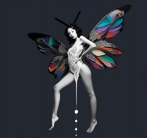 Prompt: a photograph of a woman (color or black and white) with multimedia elements added to create the appearance that she is a beautiful intricate moth, with moth wings and antennae created from paint, paper, photos, glitter, iridescent enamels, nail polish, rhinestones, thread and string, fabric, folded paper etc<mymodel>