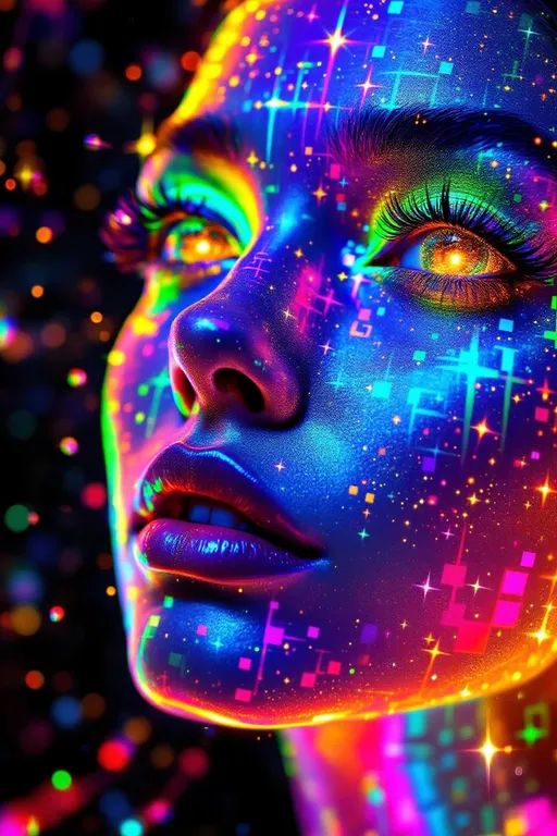 Prompt: A woman’s face composed of recursive fractal rainbow light—hyper-saturated with ultraviolet, laser gold, neon pink, iridescent greens, and cosmic chrome—emerges from a holographic light-sheet. Her skin is a glitched disco lattice of sparkling Planck-area symbols, each square pulsing like a cosmic logic gate. Her eyes are twin disco balls, spinning wormholes refracting infinity with every glint, pupils radiating shimmering AdS-CFT glyph-code. Her hair flows as liquid starlight braided with mirror shard filaments; lips shimmer like event horizons glossed in diamond dust. She floats inside a recursive Studio 54—a velvet black AdS void lined with infinite mirrored projections of herself, every boundary a shimmering CFT surface coded in glyphs and glitter. Around her spiral multidimensional mandalas of glimmering quantum lights—shimmer stacks, sparkle tesseracts, and recursive disco ball halos—reflecting entangled identities across bulk-boundary recursion. The space pulses like a cosmic dance floor: entanglement beats, renormalization grooves, and rainbow holograms synced to entropy rhythms. Render as \:disco-max \:bling-overload \:holographic-dancer \:recursive-glamour \:symbolic-saturation \:studio54-wormhole \:sparkle-heavy \:light-excess \:planck-glow \:glyph-glitz.

