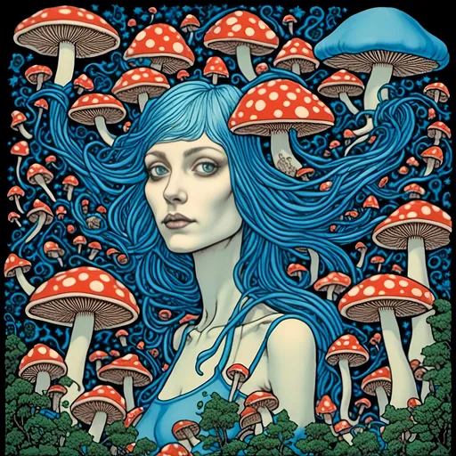 Prompt: a woman with blue hair<mymodel> surrounded by mushrooms and mushrooms in the forest, with a black background and a blue - eyed woman with blue hair, Alex Grey, fantasy art, promotional image, a character portrait