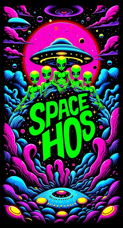 Prompt: **Space Hos - AI Art Prompt**

Create a totally glitched out artwork featuring the phrase "Space Hos" in a bold, sassy, girly futuristic tech font. The scene is populated by multiple striking green-skinned alien females, each exuding attitude and confidence. They are dressed in avant-garde high fashion with a futuristic edge, showcasing an array of intricate accessories that highlight their alien allure.

Each alien boasts a slightly conical-shaped bald head and large, almond-shaped black eyes, adding to their enigmatic charm. They pose with sass and poise, making a statement in the cosmic landscape.

Incorporate a vibrant UFO in the background, teeming with colorful lights that illuminate the scene. The setting is a bustling outer space landscape, complete with an alien planet, swirling asteroids, and cosmic phenomena. Alien glyphs are seamlessly integrated into the design, adding a mysterious layer.

The entire composition is busy and detailed, with every inch filled with tiny elements that captivate the viewer's attention. From the smallest star to the grandest asteroid, the scene is a masterpiece of cosmic chaos and extraterrestrial elegance. Finish it off with lots of different types of computer glitches/noise/data/computer screen effects