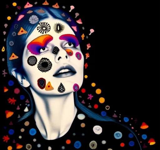 Prompt: A mixed media collage of a black and white photograph of a young woman growing all kinds of colorful multimedia psychedelic mushrooms and fungus out of her body (incorporate things like- but are not limited to - vibrant paints, enamels, glitters, metallic foils, newspaper and magazine cut paper, paint spatter, etc)<mymodel>