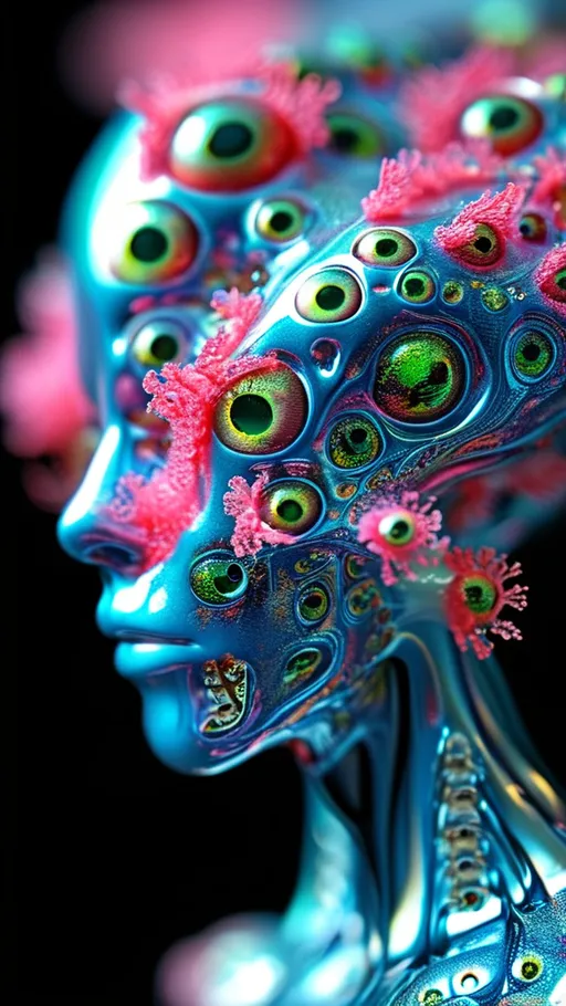 Prompt: an extremely hyper realistic ultra super textural weird trippy surreal psychedelic entity, Cardioid Curves, ,,, translucent, pearlescent finish, silver, pyrite, quartz,, clear, bright vivid teals, blues, pinks/yellows/greens, black charcoal, lots and lots of light, lots of crazy colorful compound psychedelic human eyes, rows of human teeth, fungus,  atoms, diatoms,, Cardioid Curves