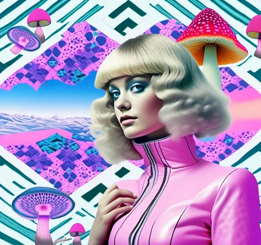 Prompt: a psychedelic collage reminiscent of 70s psychedelic sci fi collage artwork celebrating a girl on mushrooms. It is to feature a photograph of a woman with blond curly hair that is edited by splicing it with other images from photographs, magazines, newspapers, illustrations/paintings to create the impression she is high on magic mushrooms. The work will include such elements as a psychedelic 3rd eye open, stars and planets, trippy optical illusions and patterns, psilocybin cubensis mushrooms, fractals, UFOs, aliens, geometric shapes, auras, rainbow spectrums, sacred geometry, trippy drippy stuff, psychedelic hallucinations, open eyes, landscapes of astral worlds<mymodel>