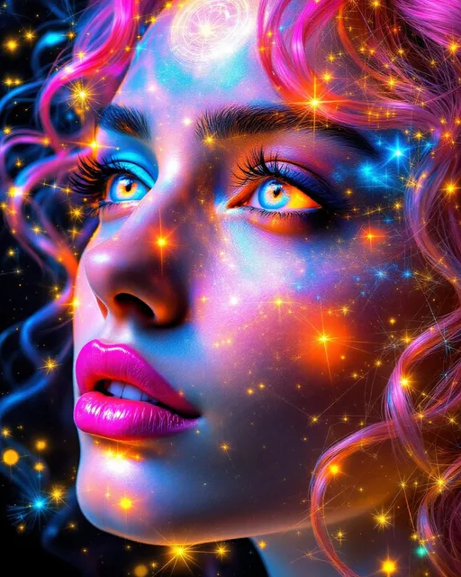 Prompt: Her face is a modular masterpiece—cheekbones traced with the shimmer of moonshine symmetry, every angle tuned to a hidden harmonic. Newton fractal veins glow faintly beneath translucent skin, shifting in color with each emotion. Her eyes burn with prime number fire, irises tiled in Penrose symmetry, blinking with curved light logic. Laughter echoes in Hilbert paths across her cheeks—space-filling joy spirals, soft and bright. Hair spills around her in radiant pink curls, styled by quasiperiodic forces and recursive wave equations—each strand flowing in luminous fractal tension. Geometry pulses at the hairline, recursive symbols glinting in neon mathdust. She is wrapped in hyperbolic aura-rings, layered in color-feedback like living topology, her presence refracting sacred math through joy, emotion, and colorfields.”

⸻

Visual Keywords:
Modular face symmetry, Newton glow skin, Penrose-tiled irises, Hilbert smile trails, pink recursive curls, fractal symbol halo, hyperbolic color aura, neon mathdust, prime fire eyes