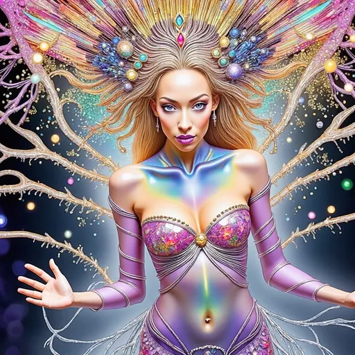 Prompt: **AI Art Prompt:**
An extremely super hyperrealistic ultra high definition super fine textured psychedelic creature called the "Arachnid Empress of the Eternal Threads."
**Creature Description:**  
The Arachnid Empress is a celestial hybrid of a spider and a goddess. Her upper body is a glowing woman with opalescent skin shifting in hues of gold, violet, and turquoise. Her long, wild, curly blond hair flows like a radiant river, streaked with neon pink and electric blue that ripple as if alive. Her lower half transforms into a crystalline spider with eight sleek, glowing legs etched with fractal patterns. Her abdomen is a swirling galaxy encased in a translucent shell, constellations glowing softly within. 
Her eight multifaceted eyes reflect infinite universes, each glowing in a different psychedelic hue. From her fingertips extend fine, shimmering threads of webbing, forming sacred geometric patterns in the air. She exudes both grace and cosmic power, as if she weaves the fabric of reality itself.
**Background Description:**  
The Empress dwells in an infinite, glowing web suspended in a kaleidoscopic void. The web shimmers with rainbow hues and fractal patterns, stretching endlessly in all directions. The void is a swirling sea of vibrant colors—electric greens, fiery oranges, and deep purples—dotted with floating orbs of light. Occasionally, bolts of energy ripple through the web, illuminating her in radiant light.
**Mood and Atmosphere:**  
The scene is hypnotic and divine, blending beauty and mystery. The glowing textures, vibrant colors, and intricate patterns create a sense of awe, as if the viewer is witnessing the cosmic weaver of existence.
