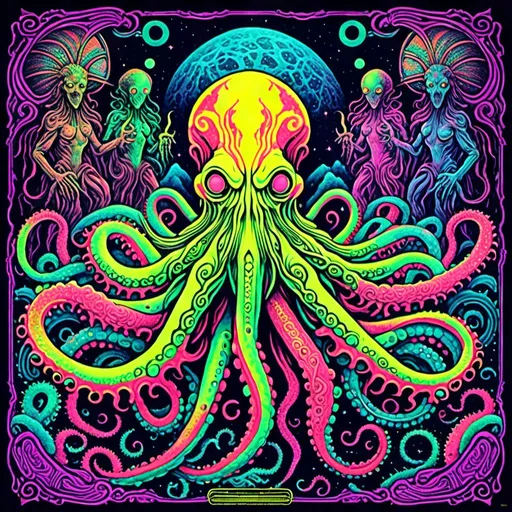Prompt: <mymodel>Vintage blacklight poster of Cthulhu, tentacles, lovecraftian, eldritch, 70s style, tribal design, psychedelic colors, intricate tentacles, cosmic background, high quality, detailed illustration, blacklight style, 70s vintage, cosmic, intricate details, vibrant colors, psychedelic, tribal design, retro, atmospheric lighting