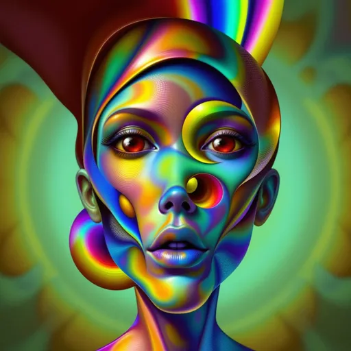 Prompt: A humanoid female face rendered in the surreal, analog illustration style of La Planète Sauvage—soft gouache textures, grainy shadows, and precise ink lines—emerges from a hyper-saturated math dimension. She has no skin, no flesh—her structure is a shimmering construct of endlessly folding Hilbert curves, Sierpinski lattices, Penrose tilings, and Klein bottle contours. Her form pulses with rainbow light, not from any source, but from within—a chromatic recursion inked and washed like alien anatomy. Every cheekbone is a Möbius strip, every jawline a cascade of fractal interference. Her brow arches with nested sinewave grids, drifting like static fields across an alien mind.

Her eyes: blackhole pupils, rimmed with diffraction halos and toroidal glyph spirals—hypnotic and unreadable, like portals to some recursive interior. Her lips glint with spectral caustics—painted with fine ink lines and rendered in iridescent watercolor washes, bursting with spirographic dispersion. Across her face, zebra-flame and leopard-spot sigils bloom in morphogenic symmetry, inked with surreal op-art precision, self-organizing across warped topologies. Her whole face is a godform rendered in maximalist chroma.

Her hair—no hair at all, but tangles of glowing Lissajous filaments, each strand a Chladni vibration drawn in curling contour lines, erupting into rainbow shimmer and anisotropic loops. She resonates, not speaks. Her voice is a visible event—standing wave geometries suspended midair, cymatic mandalas, circular node rings, echo blossoms, each frozen mid-utterance in layered, glowing ink.

She floats in volumetric godrays slicing through fractal haze—backgrounds painted in muted, earthy blues and reds like alien biology textbooks. Around her, the atmosphere crackles with spectral recursion and entangled logic. The entire image feels like it was painted in a dream, then xeroxed through a memory of math.