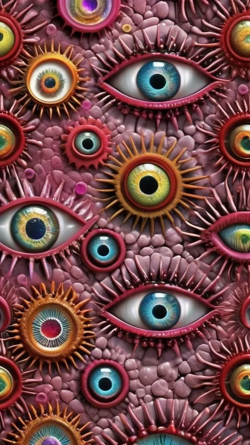 Prompt: Create an extremely hyper-realistic, ultra super textural, weird, trippy, surreal, psychedelic pattern/design based on Turing patterns, with lots of human eyes (crazy colorful compound psychedelic), rows of human teeth, human lips, and tongues. Include mineral crystal accents.

- **Colors**: determined by the properties and expressions of the elements, minerals, and metals: boron, seaborgium, natural ruby, iron

**Shapes and forms**
-determined by the natural properties and expressions of the elements,minerals, metals, and biological organisms: diatoms, boron, seaborgium, natural ruby, aragonite, stibnite,, mica

- **Textures**: Derived from any/all organic elements, minerals, metals, crystals, organic things mentioned in this prompt: diatoms, boron, seaborgium, natural ruby, aragonite, stibnite,, mica

**Composition and Layout**:
- Turing patterns

**Lighting**:
- Lots of bright light

**Detail and Atmosphere**:
- Extreme hyperrealistic sharp high detail high definition organic and mineral textures
- Psychedelic, weird, odd, surreal atmosphere
- Frozen in time

**Additional Elements**:
- Diatoms, extra rows of teeth, lips, many eyes,fungus

Capture this scene using Canon EF 70-200mm t/2.8L IS III USM film