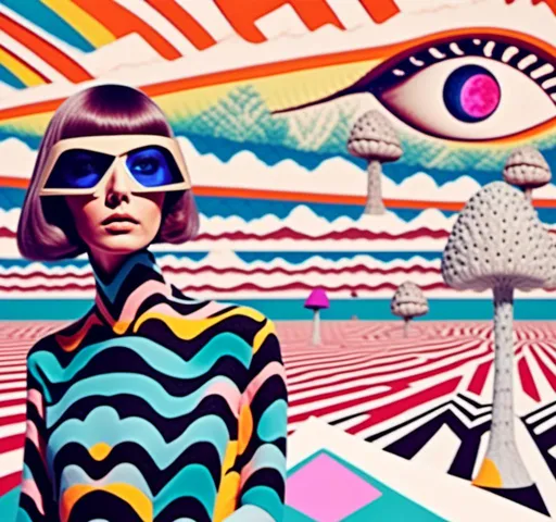 Prompt: a psychedelic collage with a feel of a vintage surreal art house 70s scifi animation combined with a psychedelic collage created out of spliced photographs, art, magazine pages, etc other photos of things like alien landscapes,, eyes, geometric shaped cutouts of trippy patterns, optical illusions, mushrooms, crystals, planets and stars, buildings, roads, cars, animals, aliens, UFOs,, insects, lots of eyes<mymodel>