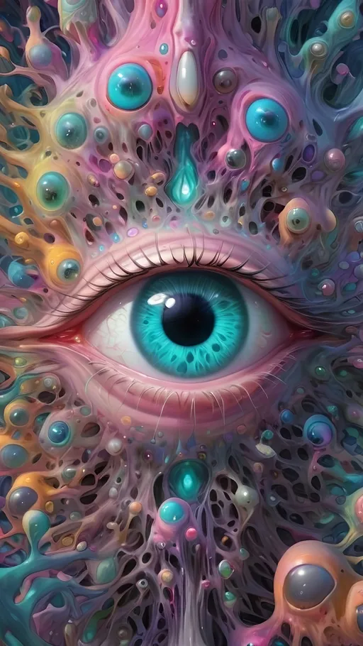Prompt: Psychedelic, alien psychedelic eyes, weird, surreal, bizarre, ineffable, entity, numinous, lots of crazy weird inhuman psychedelic trippy eyes, melting, trippy, reality breaking down, hallucinations, drippy, dissolutionment, blobs,atoms, electrons, mushrooms, fractals, multidimensional, oozing, hyper cubes, geometry, fractals, pastel colors,psychedelic hyper realism, ultra high resolution, surreal, digital art, intense lighting, bright pastel hues, abstract, confusing, looking at you, ultra detailed textures