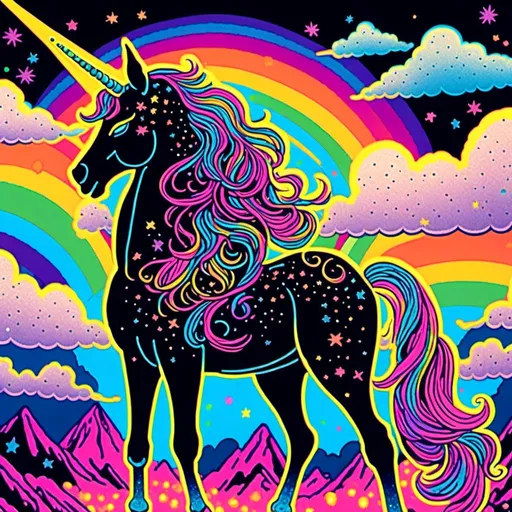 Prompt: <mymodel>Vintage 70s black light poster art illustration of a sparkly unicorn, fluffy white clouds with rainbows, psychedelic colors, retro art style, vibrant neon tones, glowing black light effect, detailed mane and tail, dreamy atmosphere, high quality, retro, psychedelic, vibrant colors, detailed illustration, soft pastel tones, glowing neon, vintage design, fantasy art