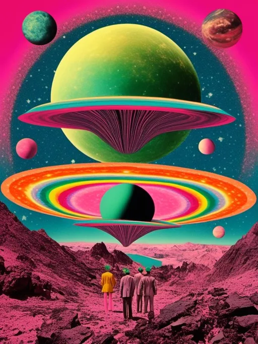 Prompt: <mymodel> Vintage 70s psychedelic surreal sci-fi Collage, analog, cut & paste, outer space, rainbows, spectrum, optical illusions/trippy patterns, surreal alien landscapes, UFOs, « little green men », psilocybin mushrooms, geometric shapes , planets, orbs, black night sky with stars, in the center, hot pink, teal, yellow, orange, neon green