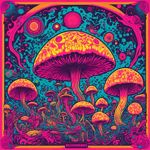 Prompt: <mymodel>Psychedelic poster with vibrant colors, trippy mushroom and slime molds, high quality, surreal art, neon lighting, detailed textures, abstract style, vibrant color palette, surreal atmosphere