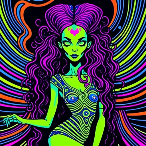 Prompt: <mymodel>Vintage 70s black light poster illustration of a green-skinned retro alien female, long curly hair, futuristic alien fashions, alien makeup, rockabilly pinup style, vibrant neon colors, psychedelic patterns, detailed hair and outfit, high-quality, retro, black light, vibrant colors, psychedelic, 70s style, pin-up, alien fashion, detailed illustration, professional, atmospheric lighting