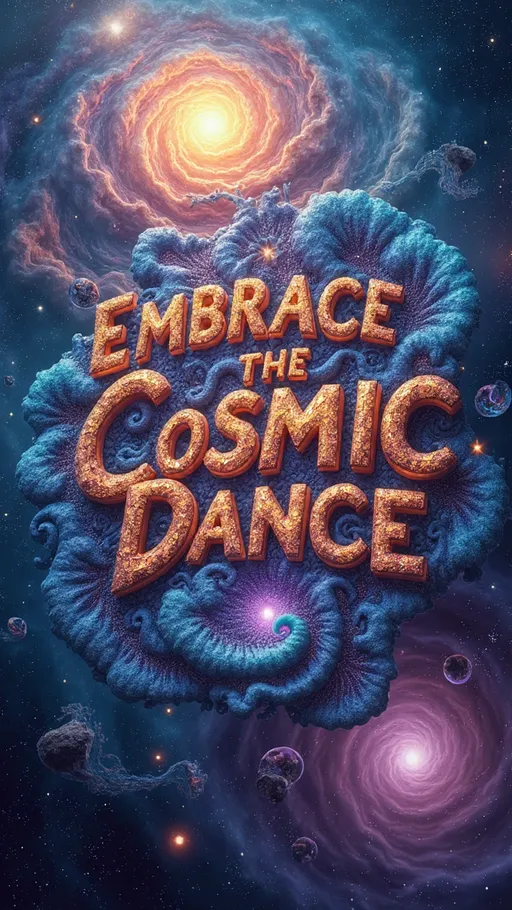 Prompt: "An extremely super hyperrealistic trippy weird surreal odd artwork featuring the phrase 'Embrace the Cosmic Dance' as the central element, set against a vast and mind-bending cosmic backdrop.

The text is intricately woven into a vibrant tapestry of swirling fractal patterns, each letter morphing and flowing in harmony with the surrounding cosmic phenomena. These fractals, inspired by the Fibonacci sequence, spiral outward, creating a sense of infinite motion and interconnectedness that mirrors the vastness of space.

Each letter shimmers with iridescent colors that shift and change as if alive, reflecting the dynamic energy of the universe. The letters appear to be carved from a combination of crystalline structures and celestial materials, with facets catching cosmic light and adding depth and dimension to the scene.

Surrounding the text are breathtaking cosmic elements: swirling nebulae in vivid blues, purples, and pinks, their gaseous tendrils reaching out like arms of the galaxy; distant galaxies spiraling in the background, their stars twinkling like diamonds against the velvet of space; and asteroids drifting gracefully, casting subtle shadows across the scene.

In the foreground, a mesmerizing black hole warps and bends the surrounding space-time, its event horizon glowing with a ghostly light. Nearby, the ethereal trails of quantum foam weave through the fractals and text, symbolizing the unseen forces and connections that underpin reality.

Comets streak across the scene, their tails leaving trails of sparkling particles that add a sense of motion and wonder. The artwork also features the subtle glow of distant pulsars and the flickering light of quasars, adding to the surreal and otherworldly atmosphere.

This cosmic landscape invites viewers to 'Embrace the Cosmic Dance,' encouraging them to immerse themselves in the surreal beauty of the universe and explore the infinite possibilities of the mind, with the text serving as both a focal point and a guide in this trippy, interconnected cosmic realm."