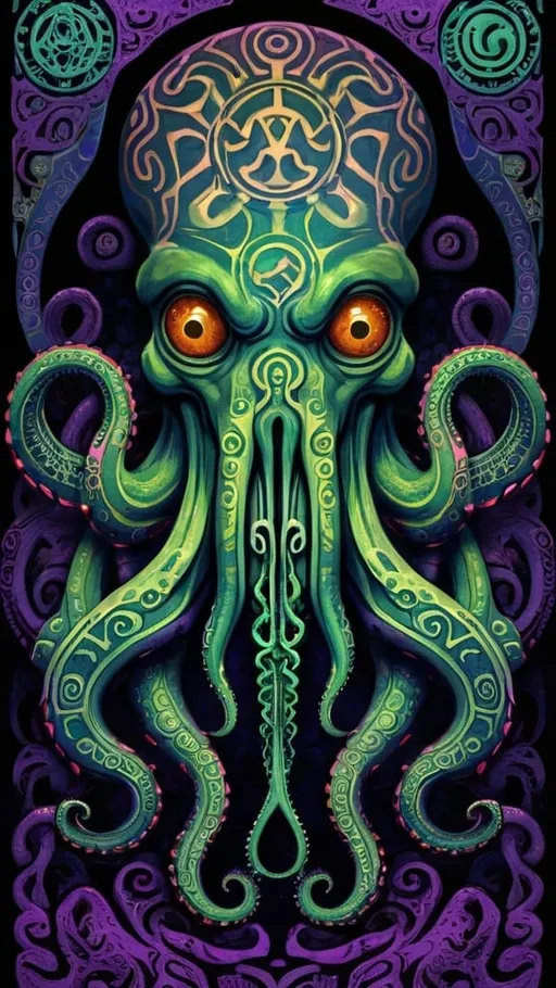 Prompt: a psychedelic tribal primal style Cthulhu, tribal patterns, effigy, eldritch, lovecraftian, elder god, tentacles, cthulhu ftaghn, nonEuclidean geometries, rhlyeh, miskatonic