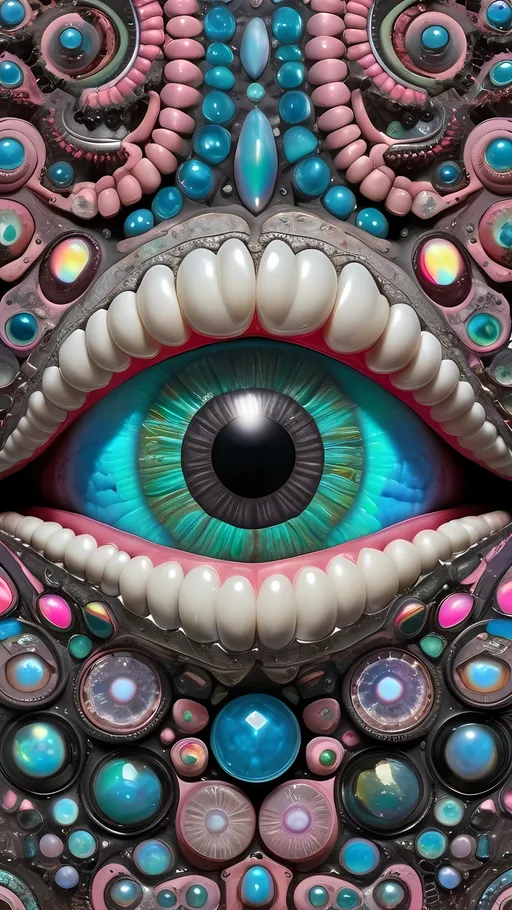 Prompt: an extremely hyper realistic ultra super textural weird trippy surreal psychedelic entity, Cardioid Curves, ,,, translucent, pearlescent finish, inlaid opal, silver, pyrite, quartz,, chrome, bright vivid teals, blues, pinks/yellows/greens, black charcoal, lots and lots of light, lots of crazy colorful compound psychedelic human eyes, rows of human teeth, human lips, tongues, fungus,  atoms, diatoms,, Cardioid Curves, Tessellation, Penrose tiling