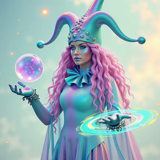 Prompt: A super hyperrealistic yet also illustrative and creative female cosmic jester, made entirely of swirling pure colored light, with long wild curly hair that appears pink but is a dazzling spectrum of hues shimmering beneath the surface. She is adorned in beautiful avant-garde "astral" jester's attire, complete with intricate clown makeup that glimmers like stardust and a definitive jester's hat adorned with miniature galaxies that orbit its tips. Her ensemble includes exquisite accoutrements—ornate cosmic bangles that hum with the resonance of distant quasars and an ethereal cape that flows like liquid auroras. She sparkles, shines, and dazzles in a mesmerizing swirl of ever-changing colors, embodying the essence of cosmic whimsy and wonder. Perched atop an enormous, spinning Möbius strip made of liquid starlight, she juggles glowing quantum orbs that flicker between states of existence, each orb containing a miniature universe that pulses with fractal patterns. The background is a psychedelic tapestry of hyperdimensional geometry, where constellations rearrange themselves into impossible shapes, and stars pulse to the rhythm of an unheard cosmic melody. Fractal tessellations resembling Escher-like infinity loops cascade through the scene, while quantum entanglement trails connect her juggling orbs in a dance of light. Möbius transformations ripple through the liquid starlight, creating endless loops of brilliance, as pulsating nebulas, astral winds swirling with cosmic dust, and shimmering auroras flow like liquid silk across the infinite expanse.