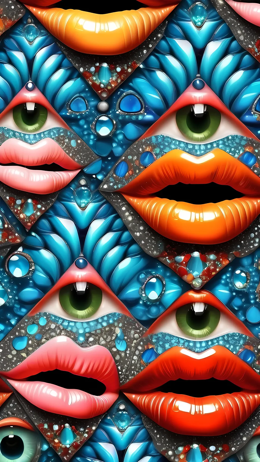 Prompt: Create an extremely hyper-realistic, ultra super textural, weird, trippy, surreal, psychedelic pattern/design based on crystal tiling, with lots of human eyes (crazy colorful compound psychedelic), rows of human teeth, human lips, and tongues. Include mineral crystal accents.

- **Colors**: determined by the properties and expressions of the elements, minerals, and metals: phosphorus, peridot, citrine, tourmaline, pyrite, silver.

**Shapes and forms**
-crystalline (acicular)

- **Textures**: Derived from any/all organic elements, minerals, metals, crystals, organic things mentioned in this prompt.

**Composition and Layout**:
- Spherical layout/composition
- crystal tiling
- hyperbolic forms and structures
-zoomed out creating a surreal pattern/design using arabesque tiling

**Lighting**:
- Lots of bright light

**Detail and Atmosphere**:
- Extreme hyperrealistic sharp high detail high definition organic and mineral textures
- Psychedelic, weird, odd, surreal atmosphere
- Frozen in time

**Additional Elements**:
- Diatoms, extra rows of teeth, lips, many eyes,fungus

Capture this scene using Canon EF 70-200mm t/2.8L IS III USM film