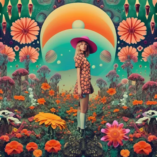 Prompt: A psychedelic collage evoking a vintage 70s sci fi feel but I stead of the sci-fi theme let’s do wildflowers. Photos and art of wildflowers spliced with things like psychedelic patterns/optical illusions, landscapes, geometry, mushrooms/fungus, insects, the sun & moon, etc. Employ a pretty floral color pallet but keep that surreal feel in this natural organic psychedelic collage<mymodel> 