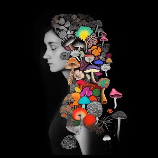 Prompt: A mixed media collage of a black and white photograph of a young woman growing all kinds of colorful multimedia psychedelic mushrooms and fungus out of her body (incorporate things like- but are not limited to - vibrant paints, enamels, glitters, metallic foils, newspaper and magazine cut paper, paint spatter, etc)<mymodel>